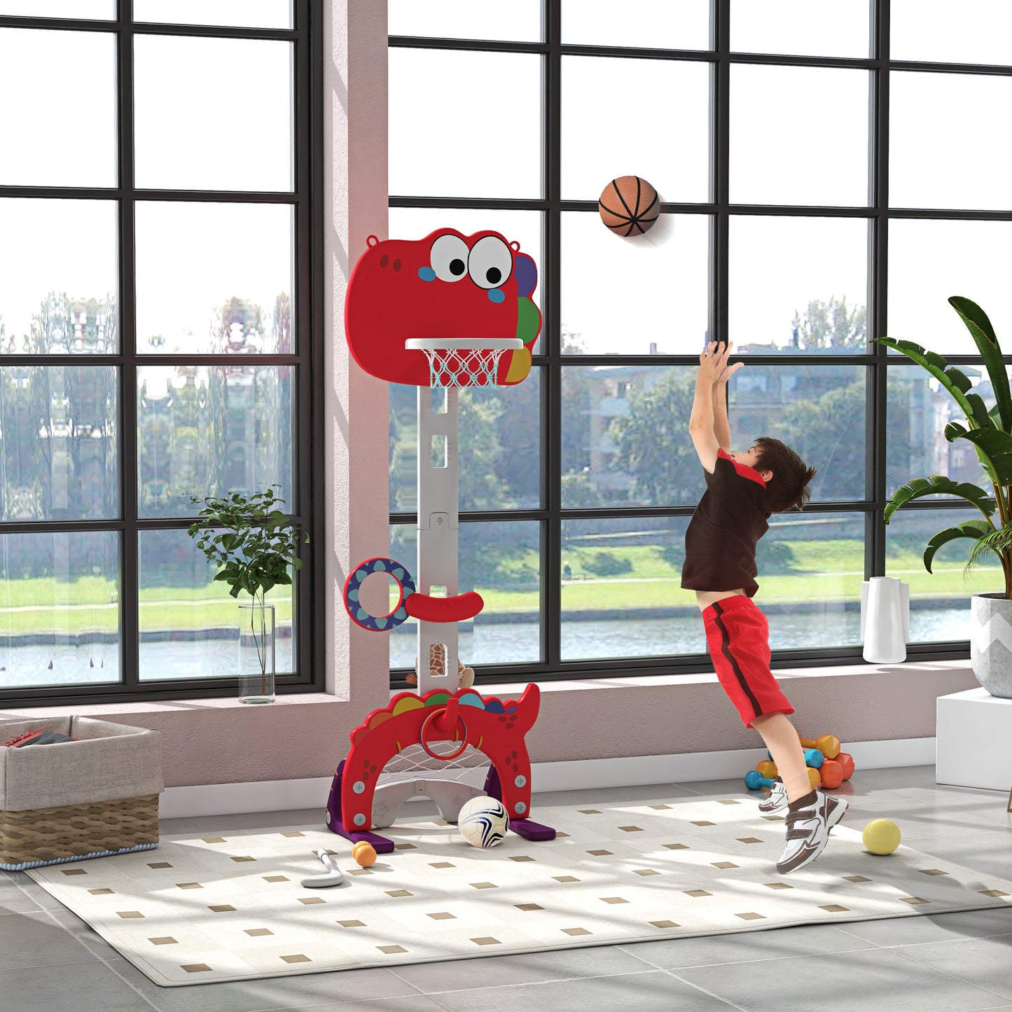 AIYAPLAY 5 in 1 Children's Basketball Hoop with Adjustable Height, Football and Golf Goal, Age 3-6 Years, Red