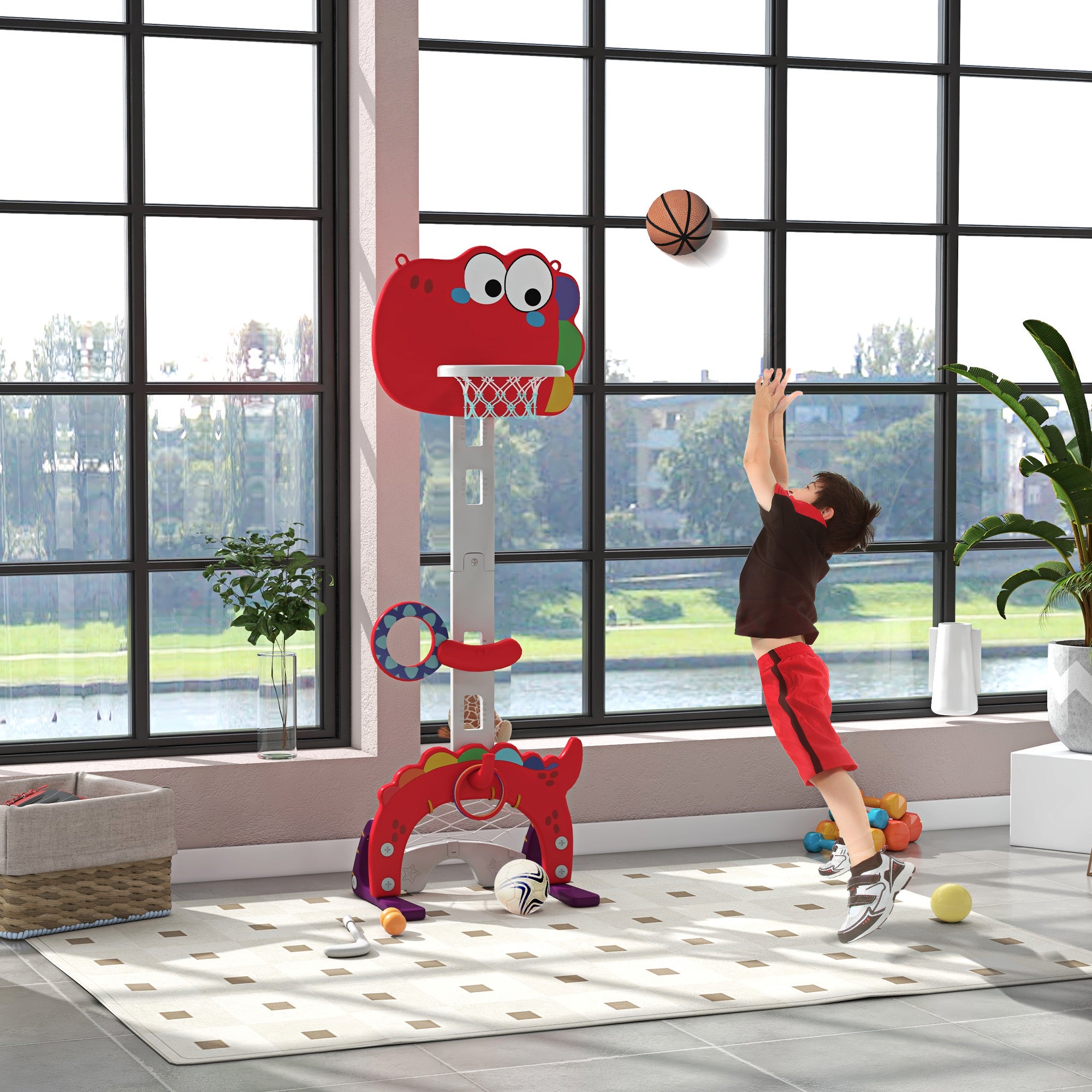 5-in-1 Kids Basketball Hoop with Adjustable Height, Soccer Goal and Golf Ball, Ages 3-6 Years, Red