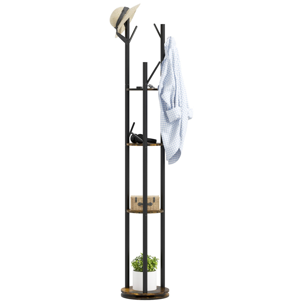 Industrial Style Rotating Floor Coat Rack with 8 Hooks and 4 Shelves, Ø30x175cm, Brown