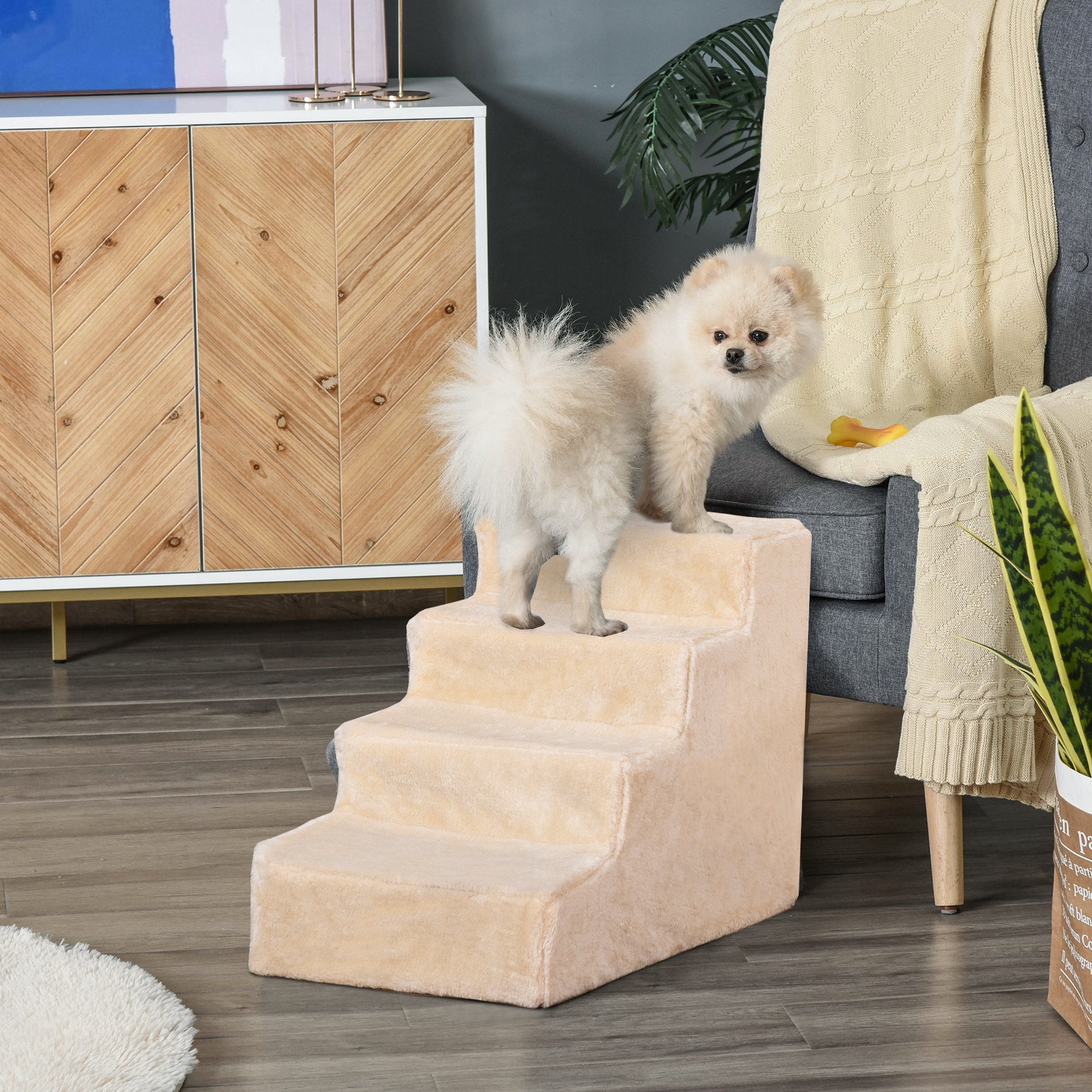 Portable 4-Step Dog Stairs, Removable Flannel and Chipboard, 60x35x44 cm, Beige