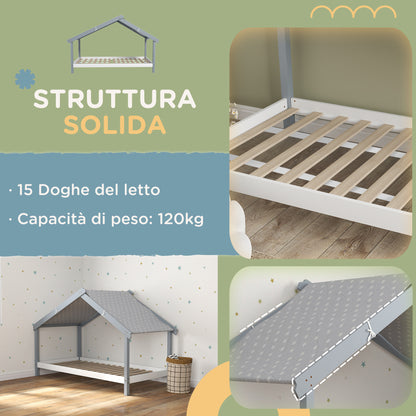 Slatted Pine Wood House Bed with Fabric Starry Roof, 213x100x140 cm, Grey