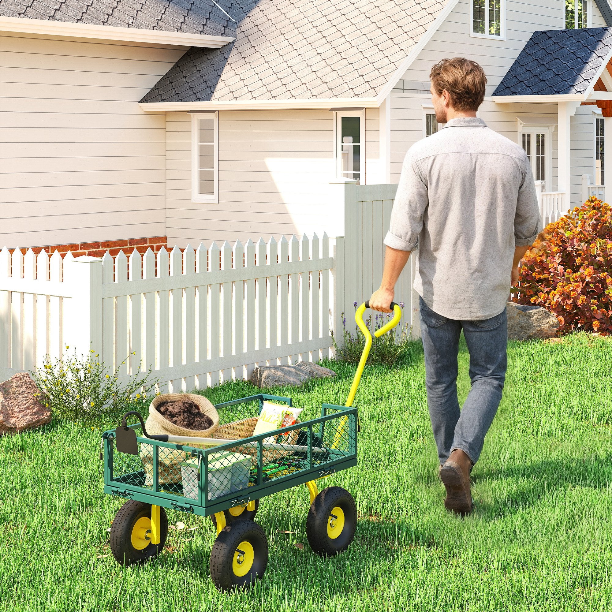 Outsunny Steel Garden Cart with 200 kg Capacity and Removable Side Walls, 104 x 54 x 51 cm, Green and Yellow