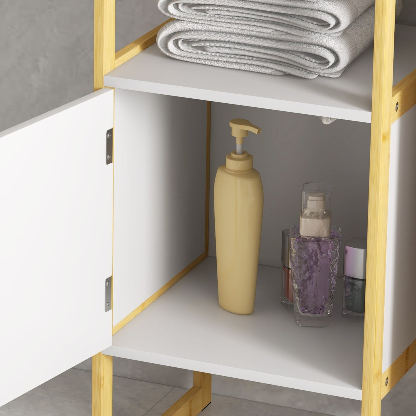 Bathroom Cabinet with Open Shelf and Door with Pressure Opening in Bamboo and MDF, 33x33x80cm, White