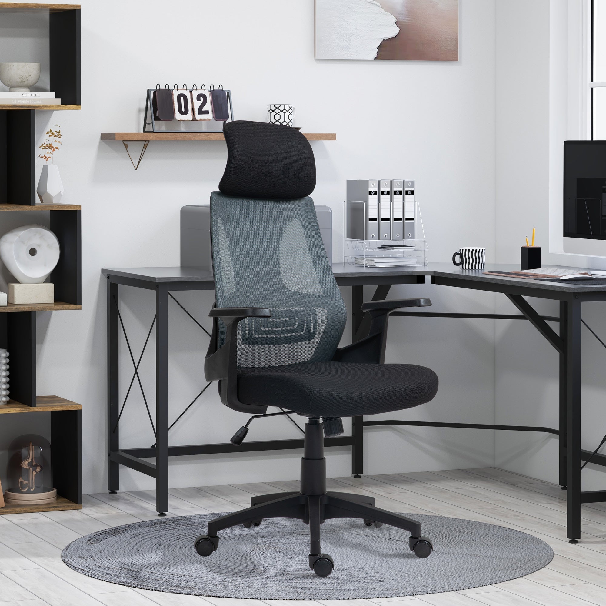 Office Chair with Lumbar Support and Headrest, Swivel Seat with Adjustable Height, Black