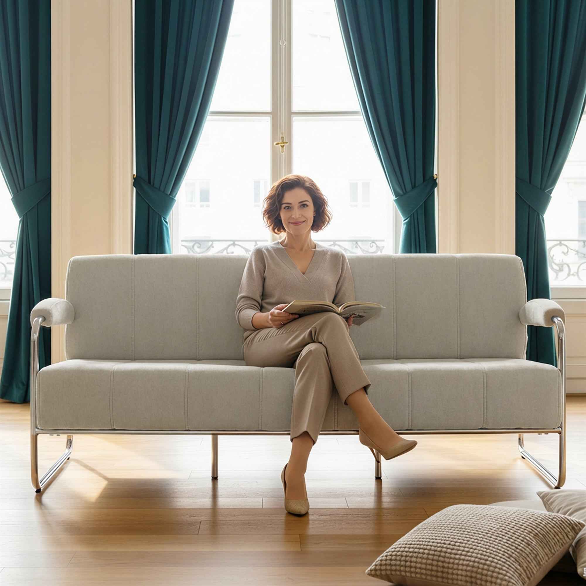 HOMCOM 3-Seater Modern Sofa Upholstered in Beige Chenille, Made of Steel, Sponge and Plywood, 174x75x76 cm