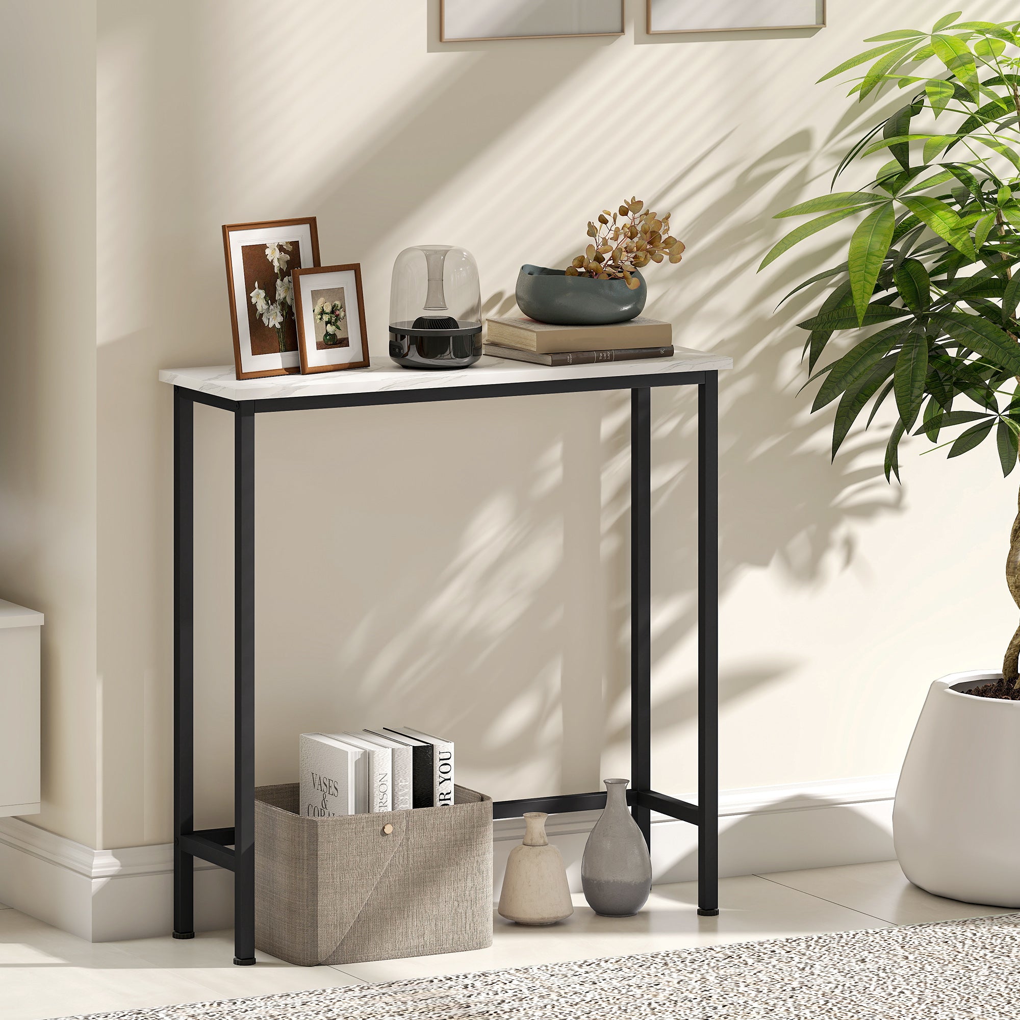 Entrance Console Table with Marble-Effect Top, in Wood and Steel, 75x24x76 cm, Black and White