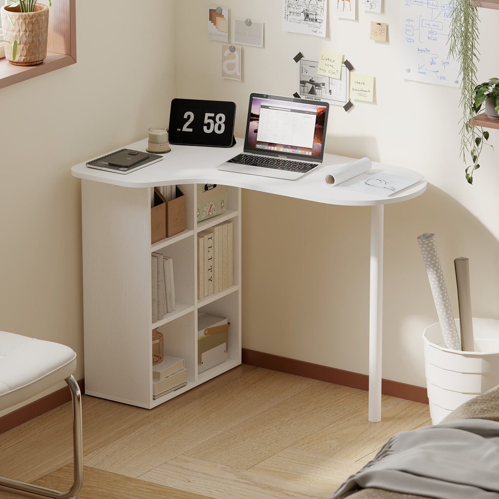 Curved Bedroom Desk with 6 Shelves and 4 Adjustable Shelves, Steel and Wood, 100x59x75.5 cm, White