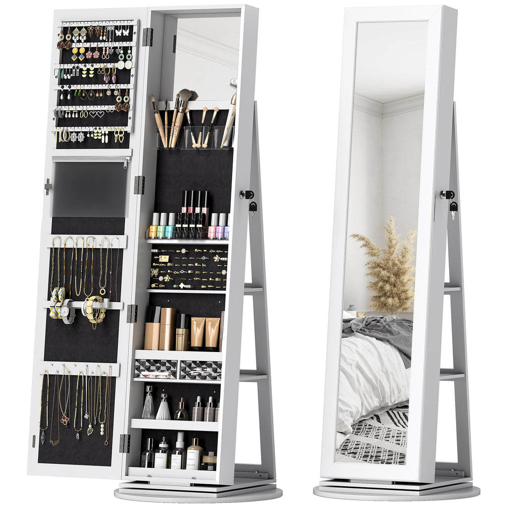 3-in-1 360° Swivel Jewelry Mirror, Rear Shelves and Lockable Door, 55x55x161 cm, White