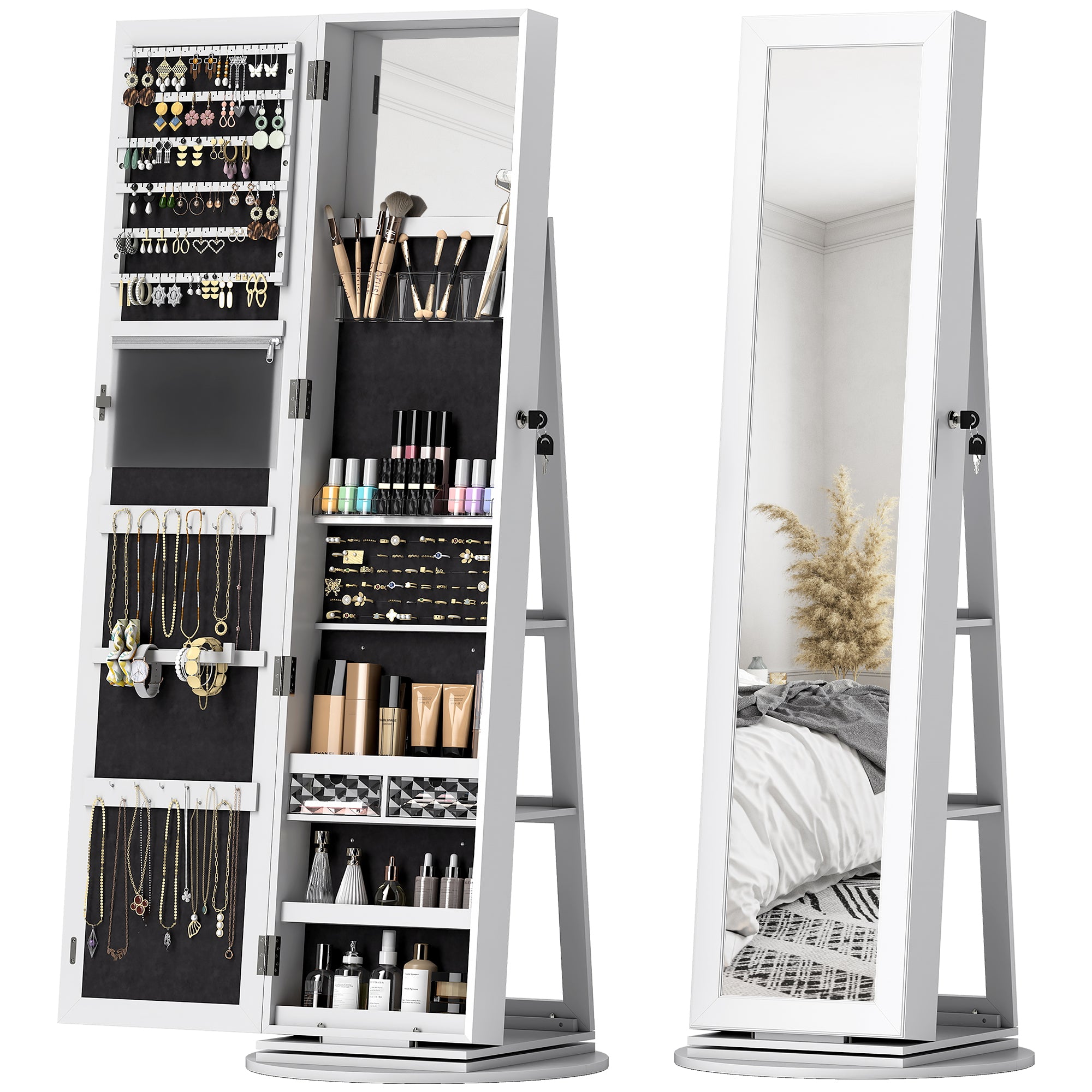 3-in-1 360° Swivel Jewelry Mirror, Rear Shelves and Lockable Door, 55x55x161 cm, White
