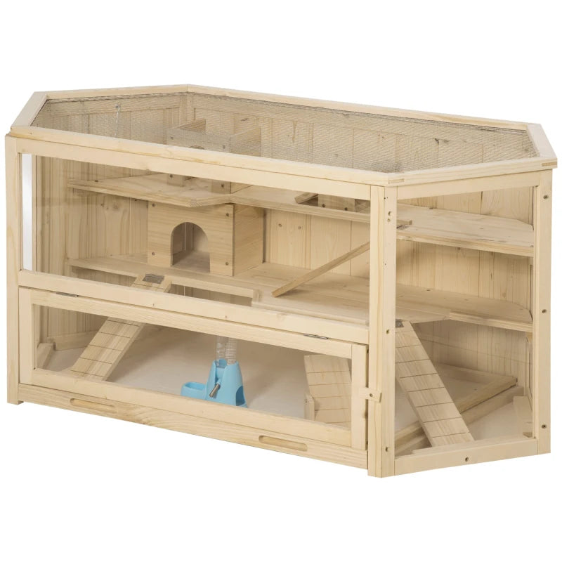 3-Tier Wooden Hamster House with Opening Roof and Transparent Wall, 115x60x55cm - Borge' Group Limited
