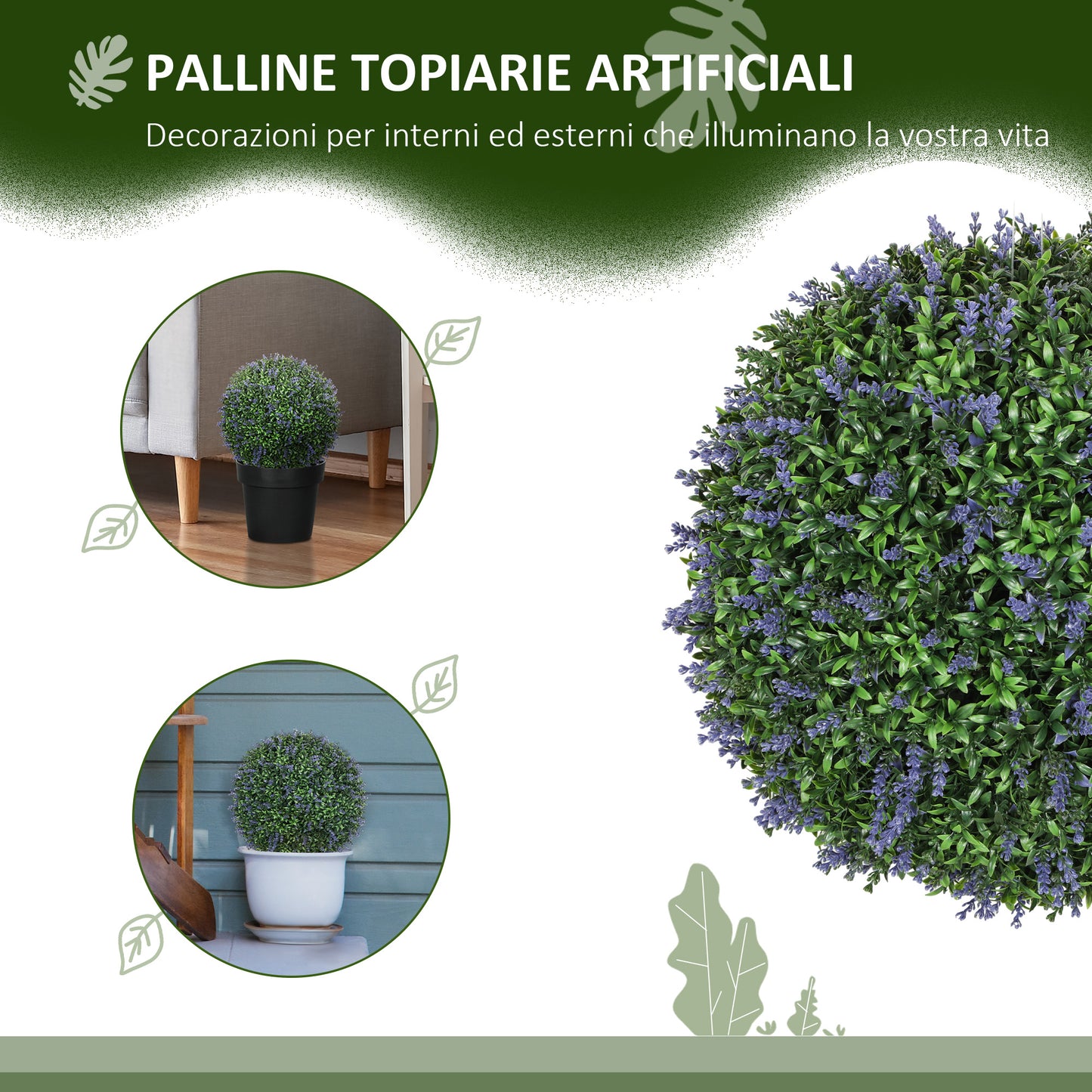 Set of 2 Artificial Sphere Plants with Lavender Flowers for Home and Garden Ø42 cm, Green and Purple