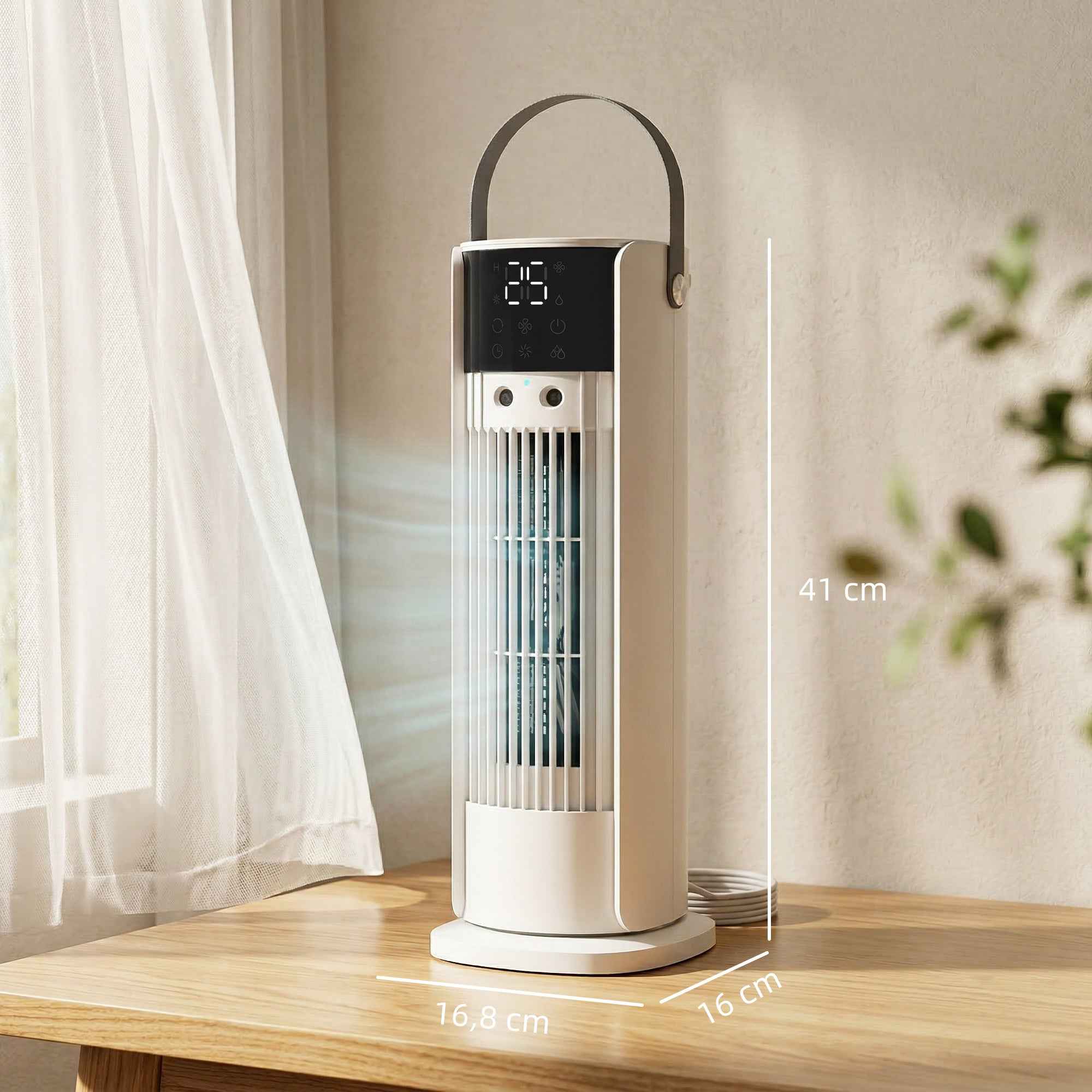 HOMCOM Misting Table Fan, Remote Control, Handle, LED Lights, 3 Speeds, 10-Hour Timer, White