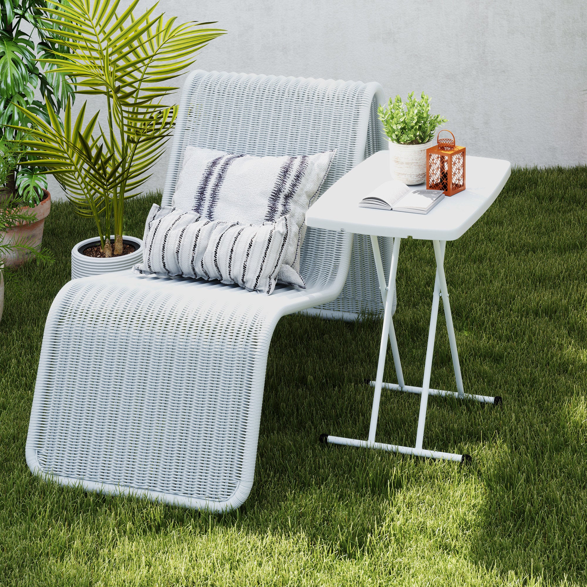 Folding Garden Coffee Table with Adjustable Height, Metal and HDPE, White