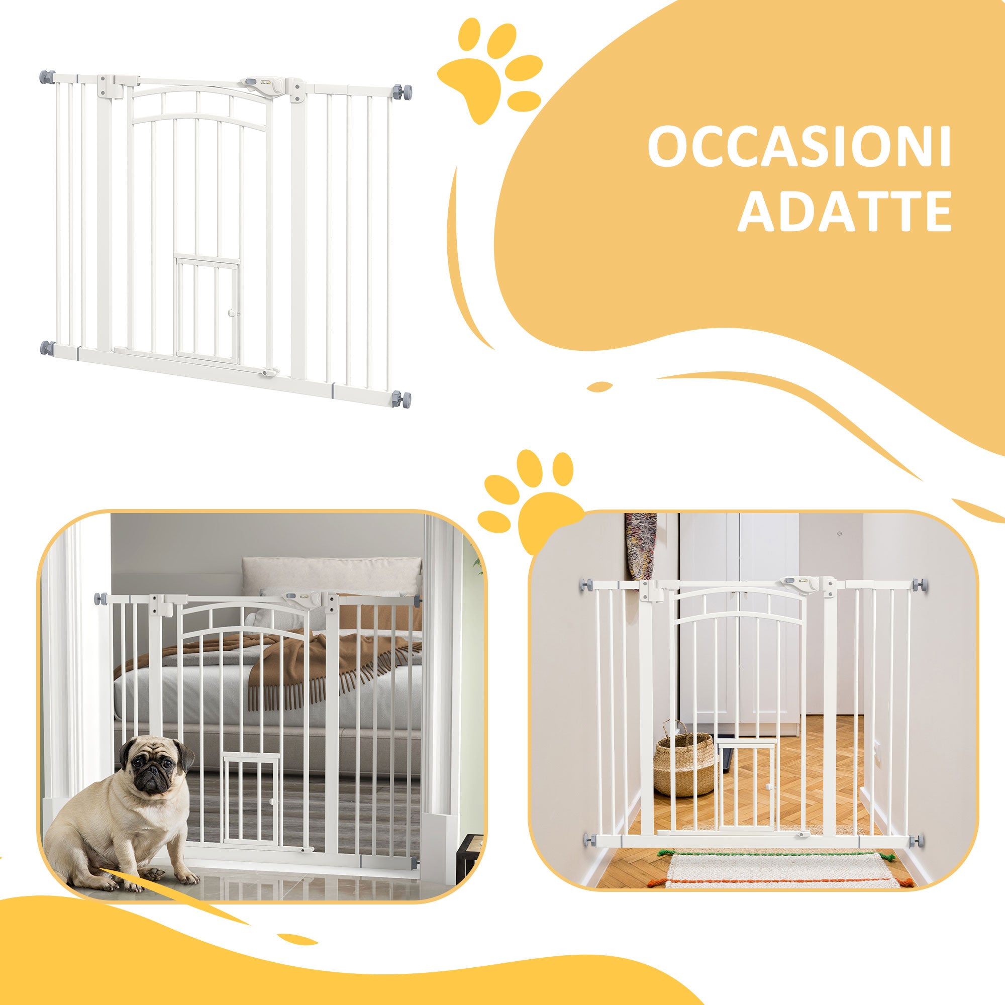 Small and Medium Dog Gate with Automatic Closing, in Steel and PA, 74-100x76 cm, White - Borgè