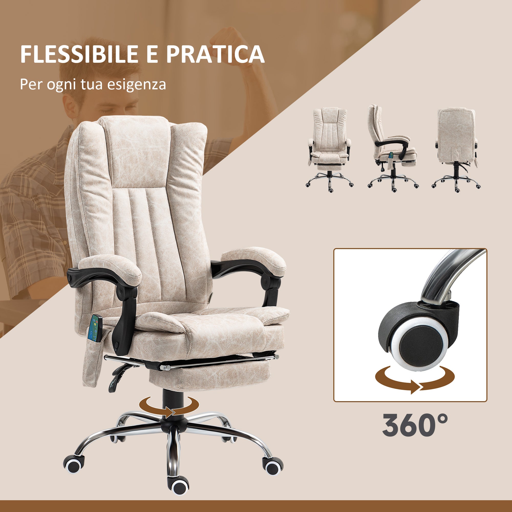 Massage and Heated Office Chair with Footrest, Microfiber, 62x70x113-120 cm, Cream