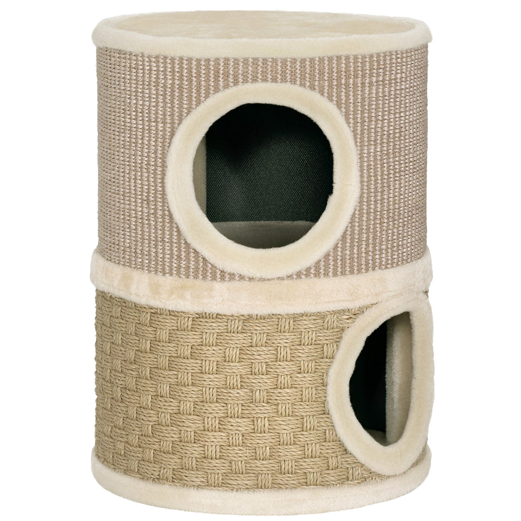 PawHut Cat Scratching Tower with 2 Nests, Sisal Rope and Seaweed, Plush Edge, Khaki