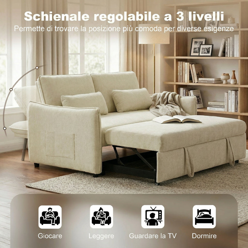 HOMCOM 3-in-1 2-Seater Sofa Bed with 3-Position Adjustable Backrest and 2 Cushions, Chenille, Beige