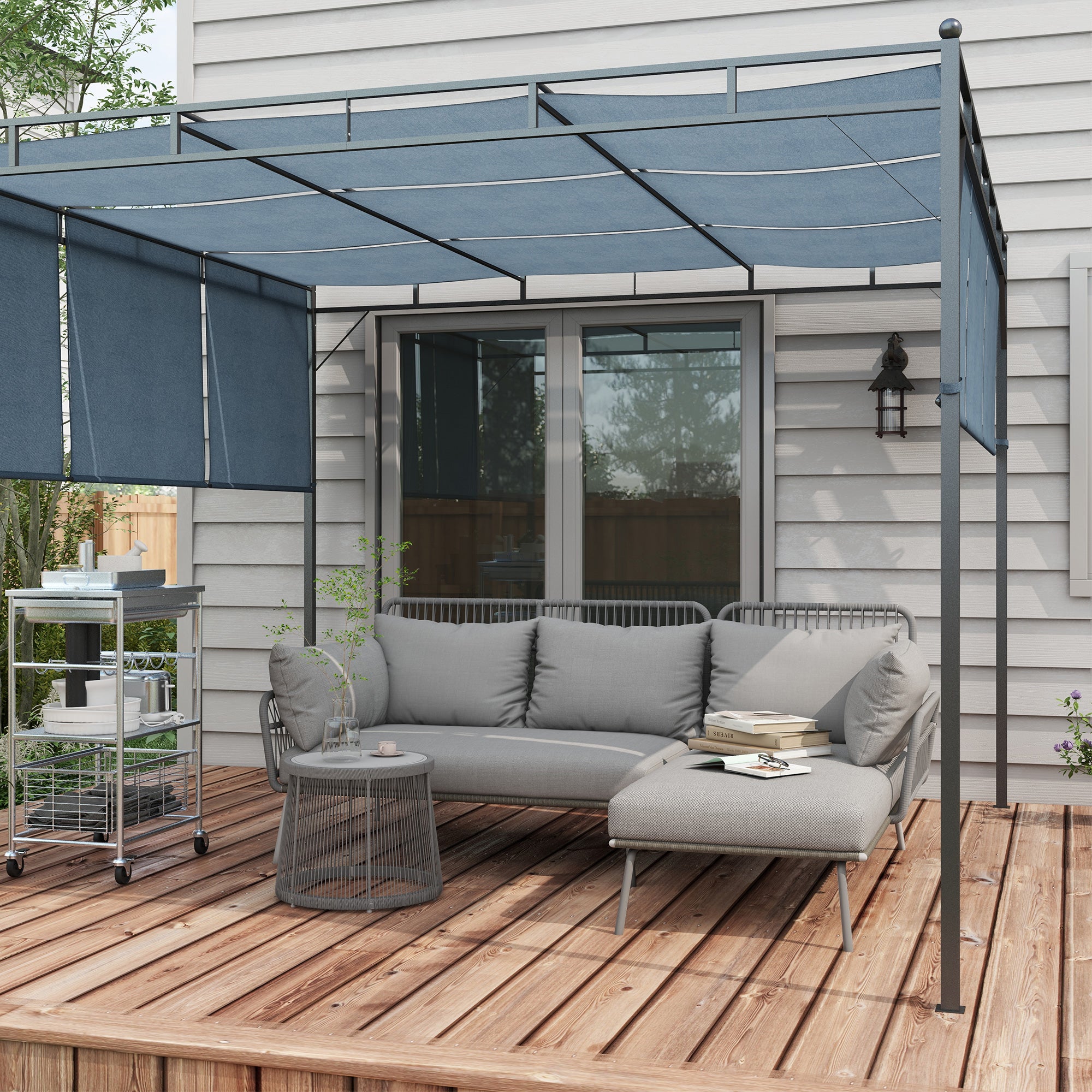 Boho Style PE Rattan Garden Set, 2 Seater Sofa with Chaise Longue and Coffee Table, Light Grey