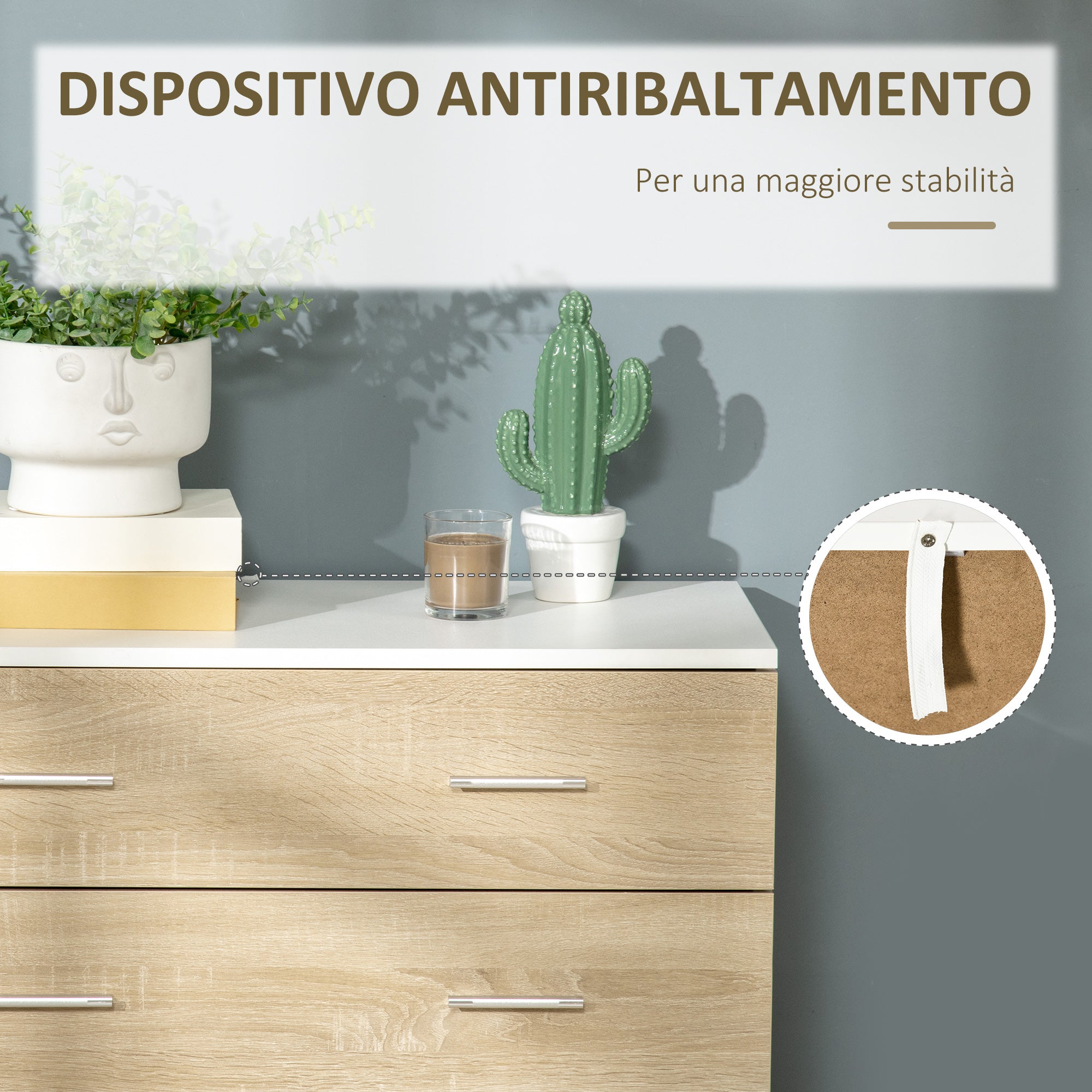 Chest of 4 Wooden Drawers and Aluminum Handles, 76x35x72cm, White and Oak