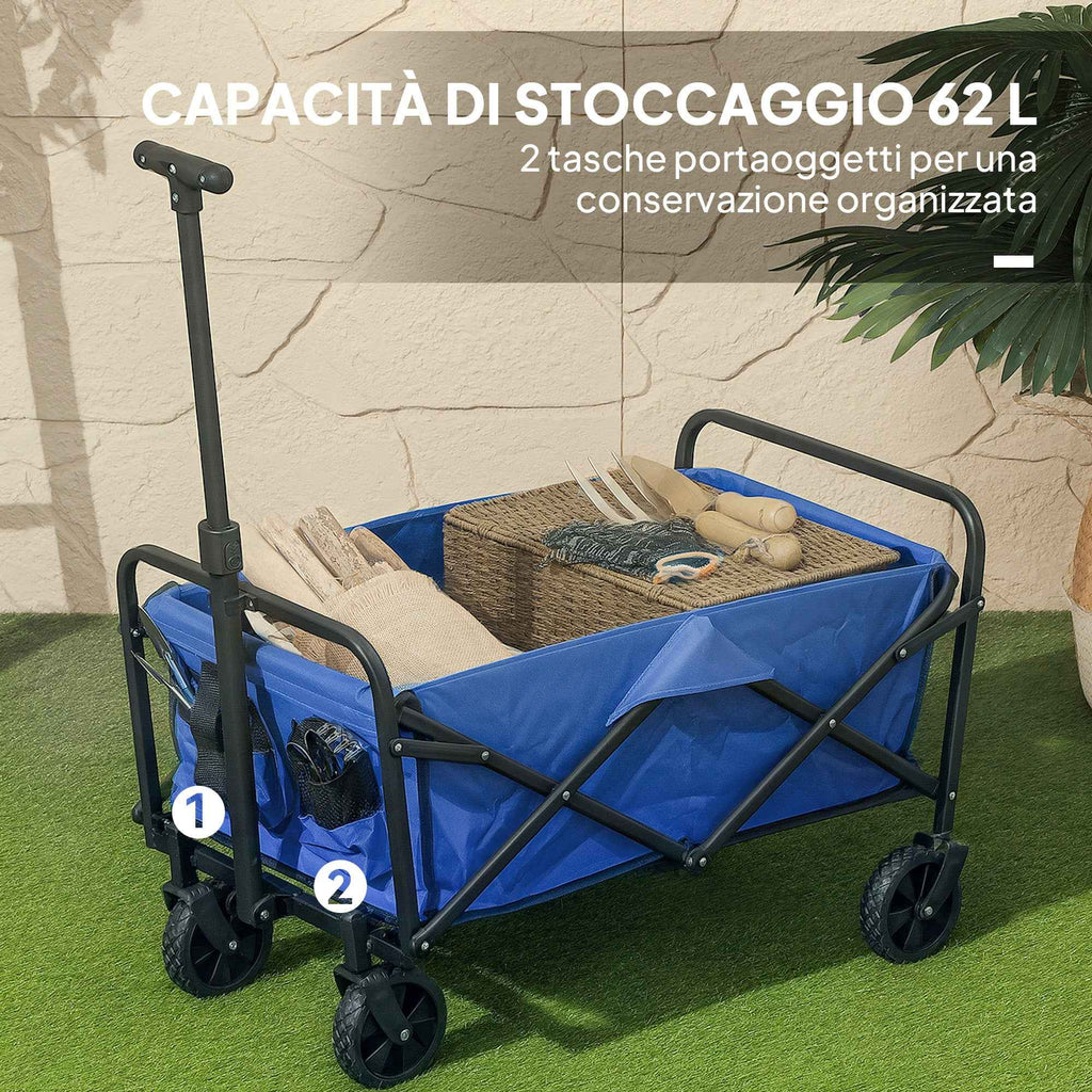 Outsunny 62L Folding Garden Cart with Adjustable Handle, Metal and Oxford Fabric, 76x48x86 cm, Blue