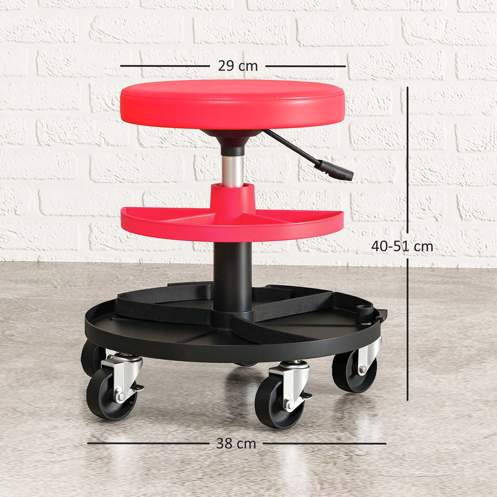HOMCOM Workshop Stool with 6cm Wheels, Capacity up to 135kg, Adjustable Height 40-51cm, with Tool Trays, Red