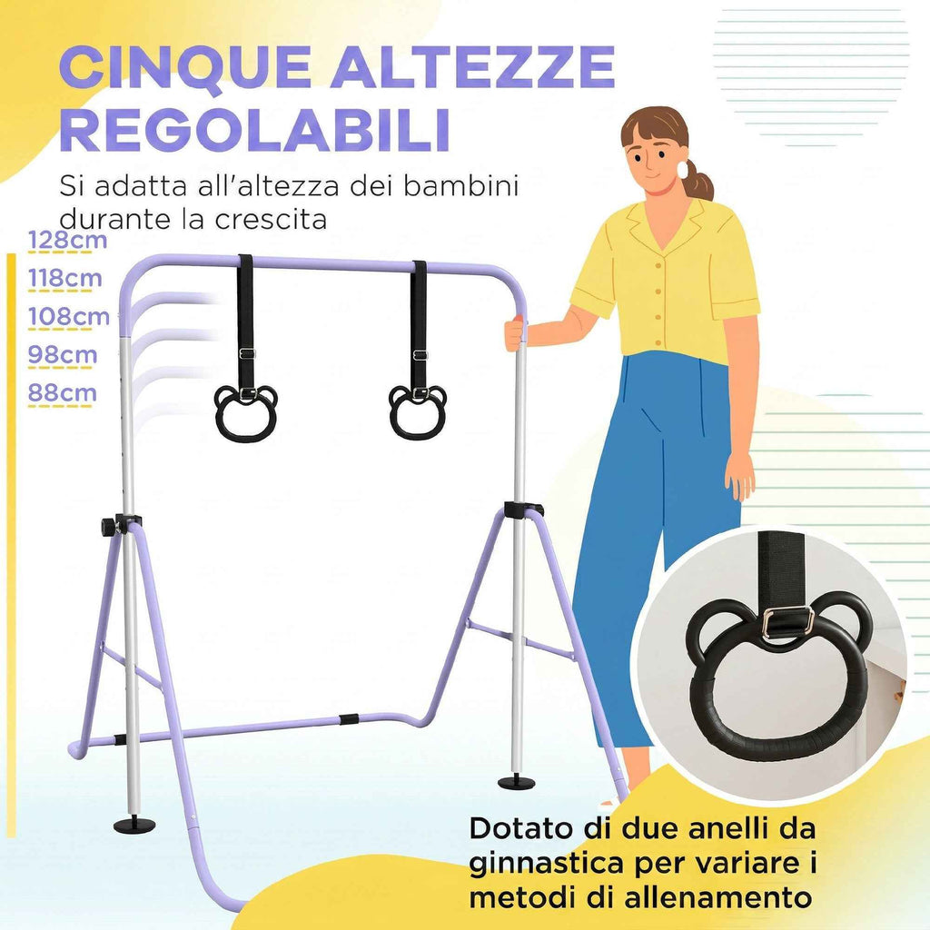 HOMCOM Height-Adjustable Gymnastics Bar for Children with 2 Rings, Steel, 148x105x88-128 cm, Purple