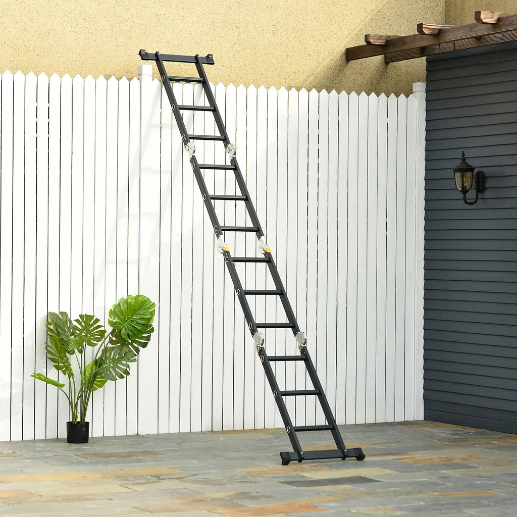 5 in 1 Black Aluminum Ladder for Indoor and Outdoor Use, Max Load 150kg, 370x61x11 cm