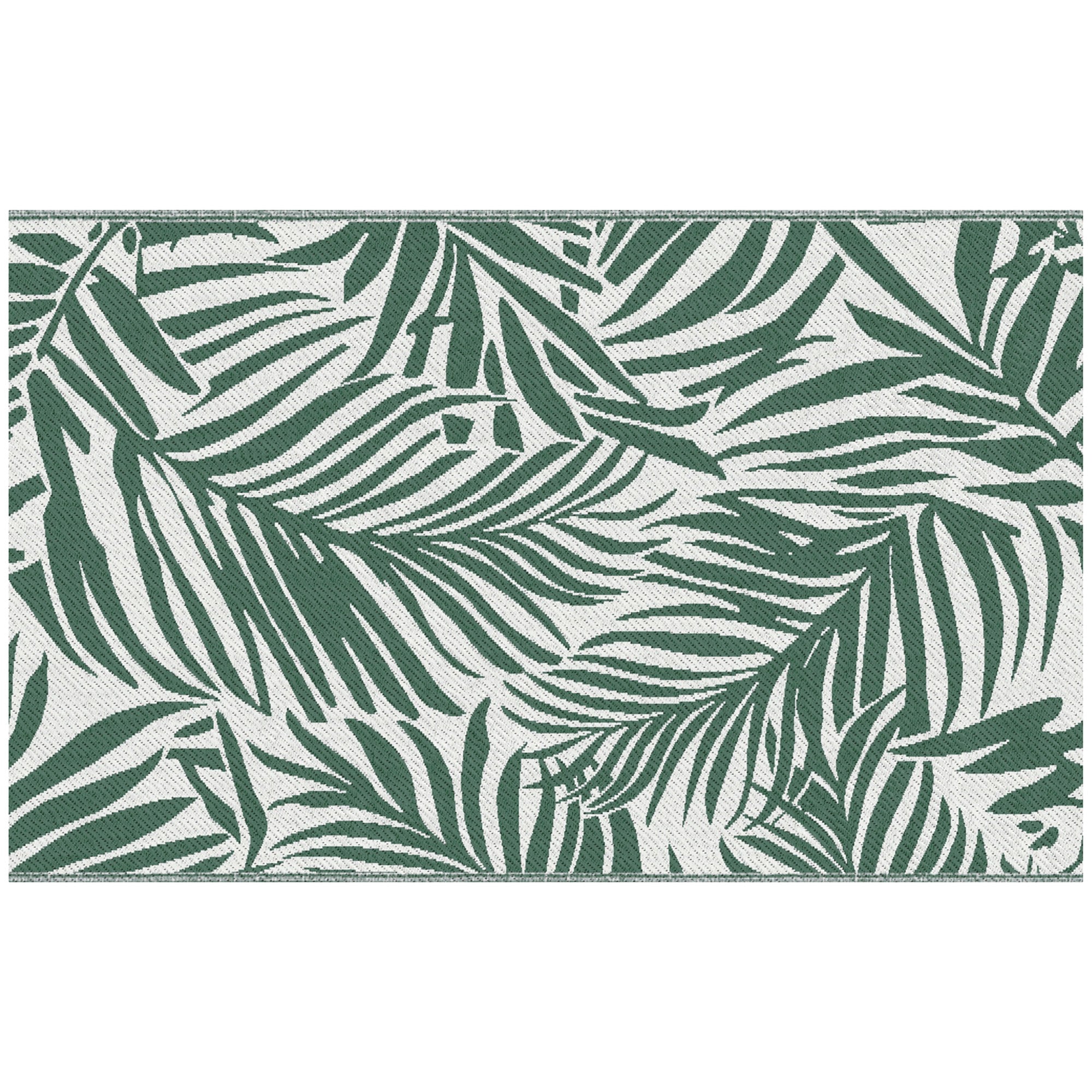 Reversible Outdoor Balcony and Terrace Rug with Leaf Pattern, 152x243 cm, Green and White