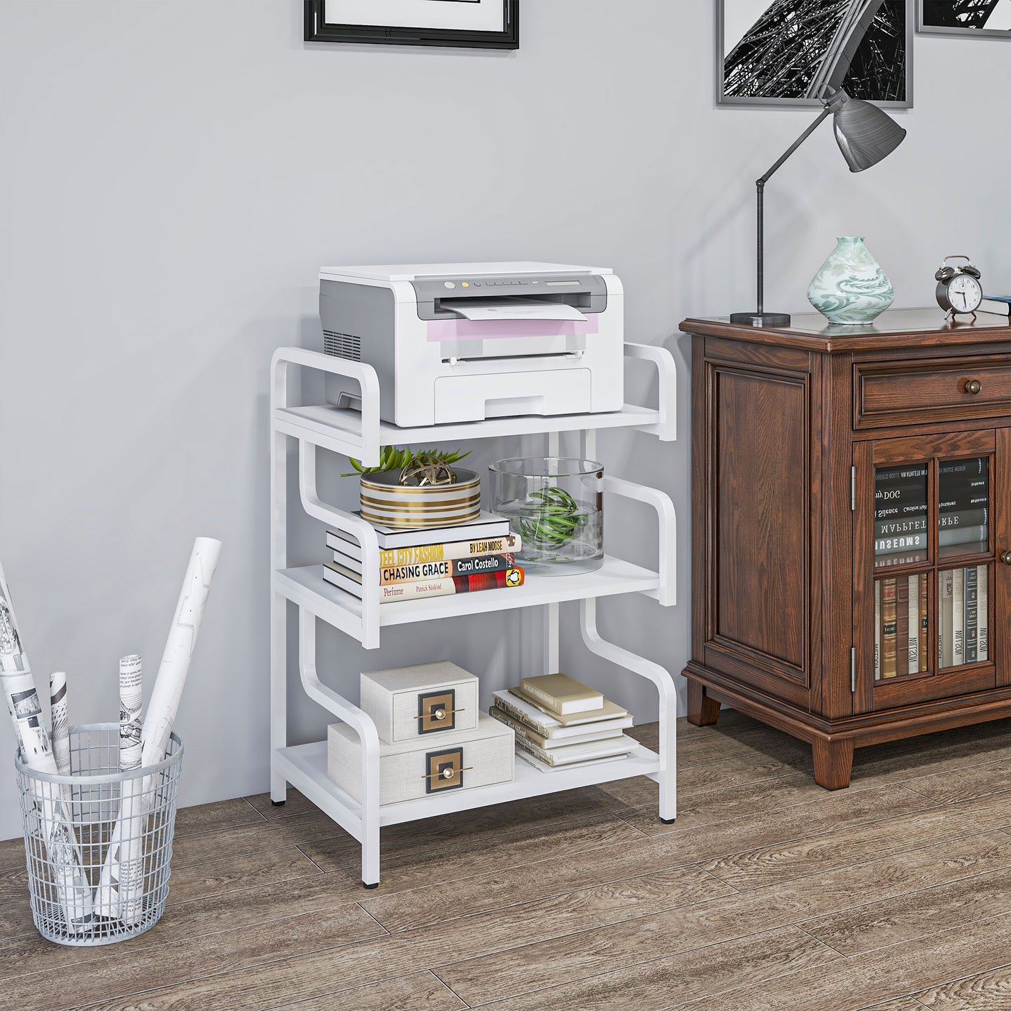 Printer desk: 3-Level Industrial Printer Stand, in Metal and Chipboard, 55x40x77 cm, White