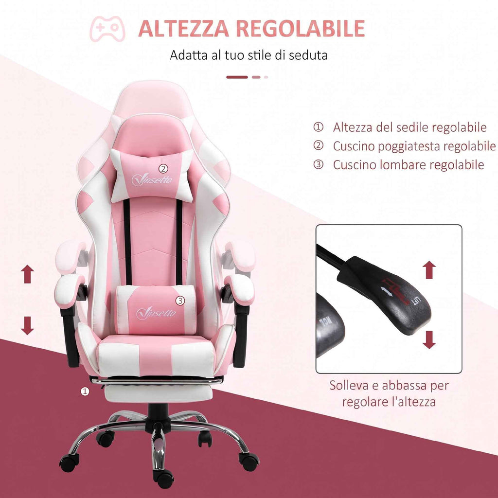 Vinsetto Ergonomic Reclining Gaming Chair with Headrest, Lumbar Cushion, Adjustable Height, Pink and White
