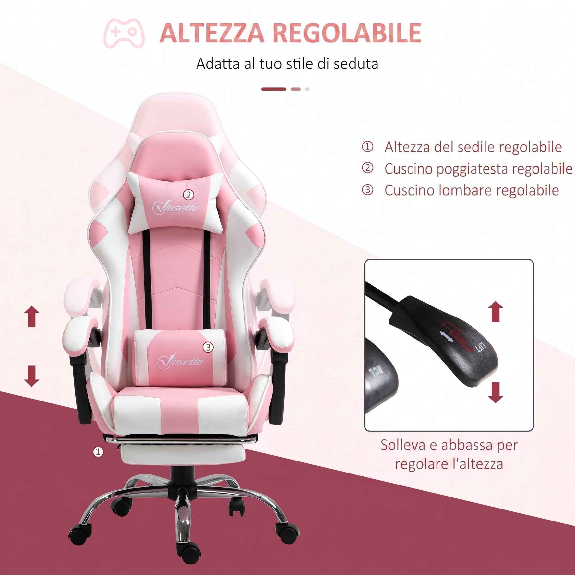 Vinsetto Ergonomic Reclining Gaming Chair with Headrest, Lumbar Cushion, Adjustable Height, Pink and White