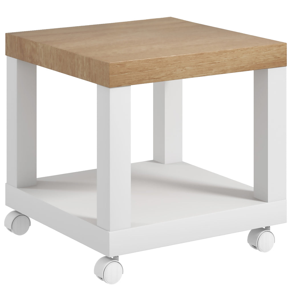 HOMCOM Coffee Table with Castors and Open Shelf, for Sofa, Bedroom or Living Room, 40x40x40 cm, Natural Wood and White