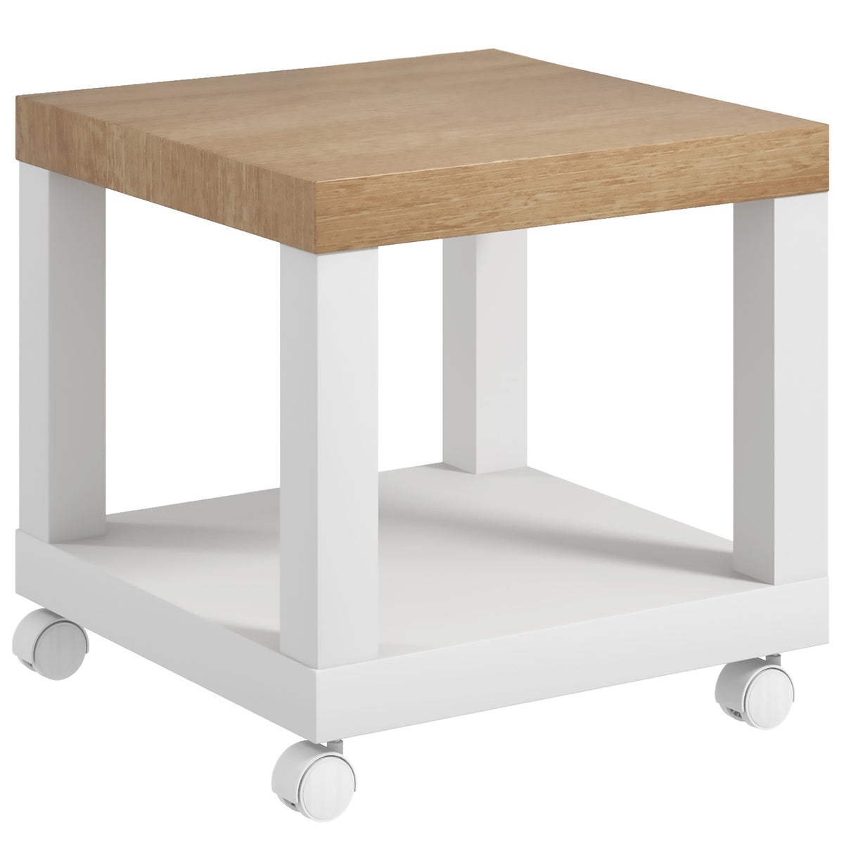 HOMCOM Coffee Table with Castors and Open Shelf, for Sofa, Bedroom or Living Room, 40x40x40 cm, Natural Wood and White