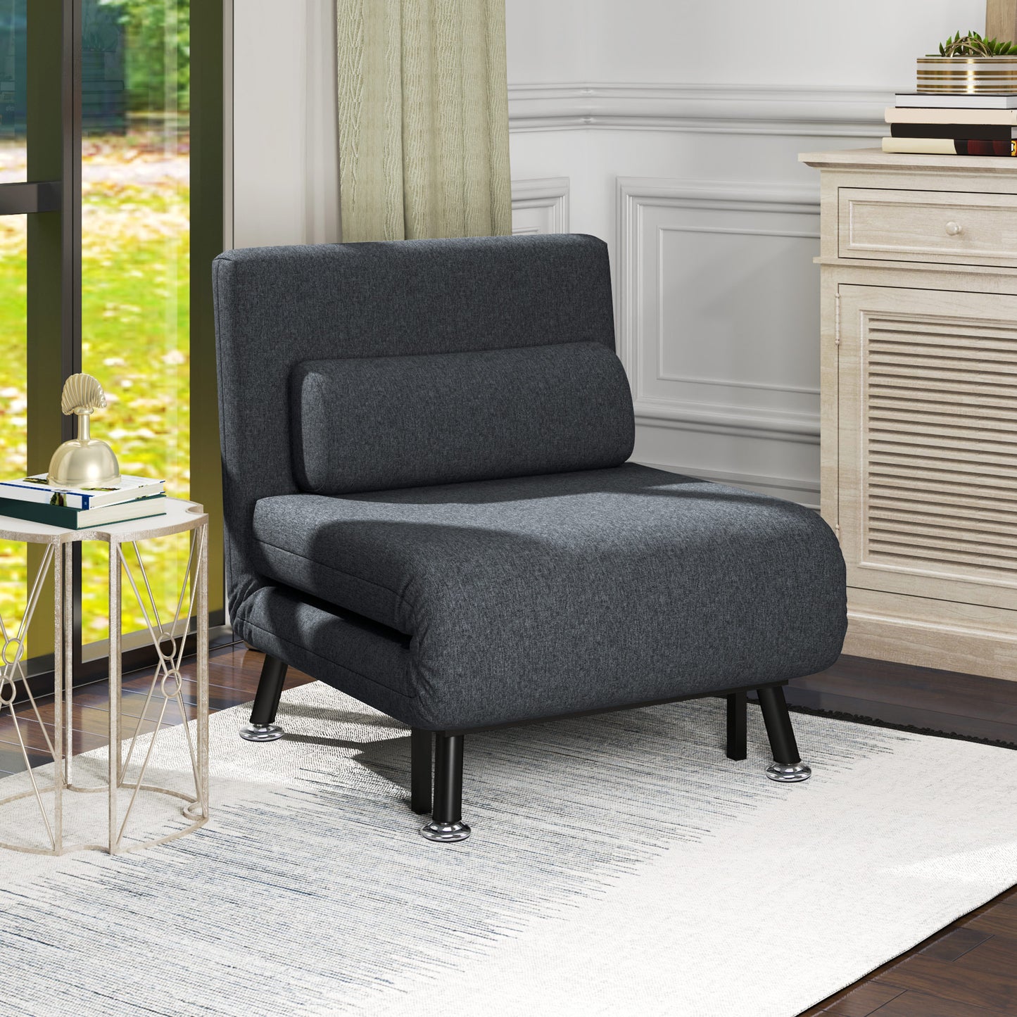 Armchair 3 in 1 Sofa Bed with Adjustable Backrest and Cushion, in Linen Effect Fabric and Steel, Dark Grey