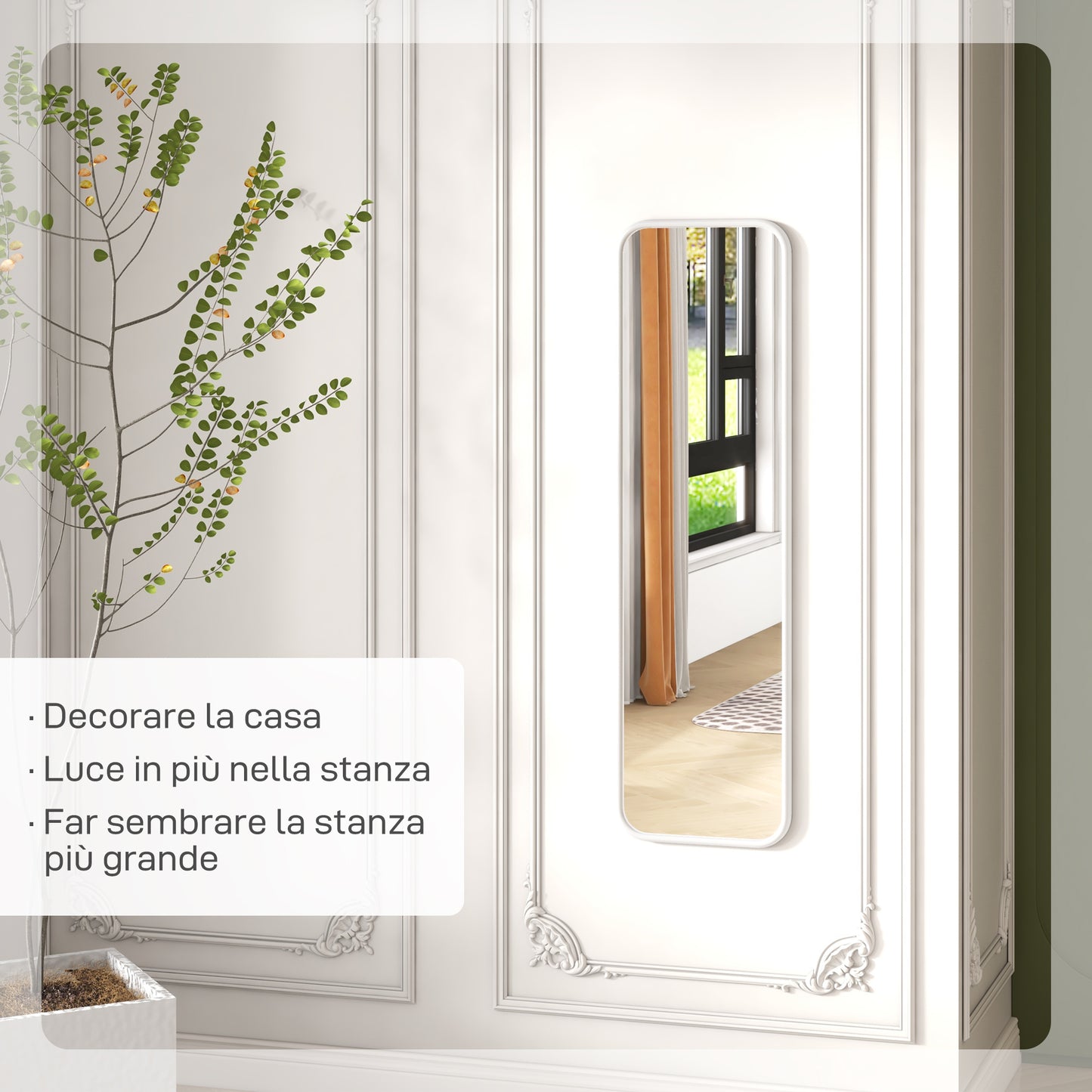 Vertical Wall or Floor Mirror with Rounded Edges, in MDF and Glass, 120x35 cm, White