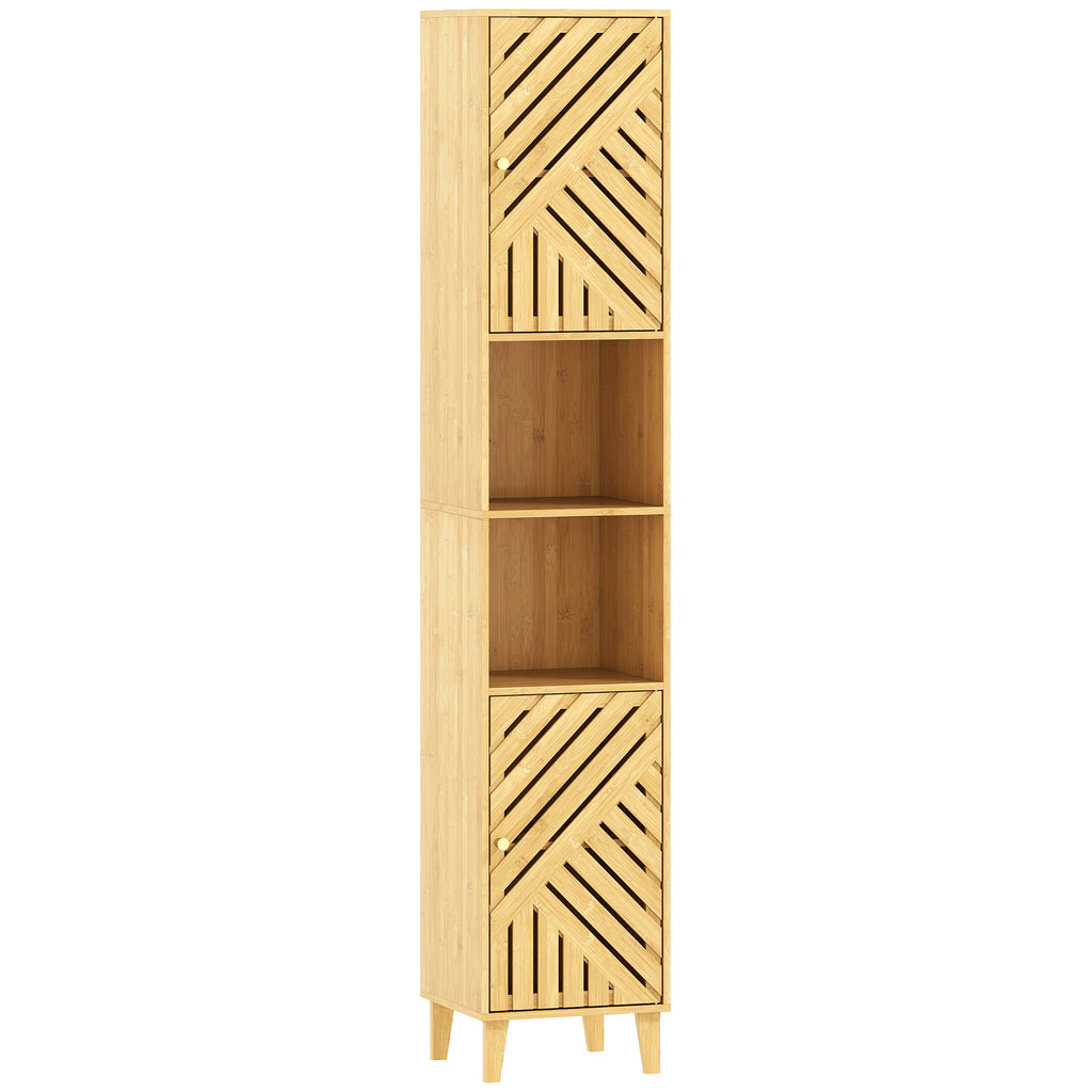 Bathroom Cabinet with 2 Cabinets and 2 Shelves with Adjustable Shelf, in Bamboo and Chipboard, 32x30x170 cm