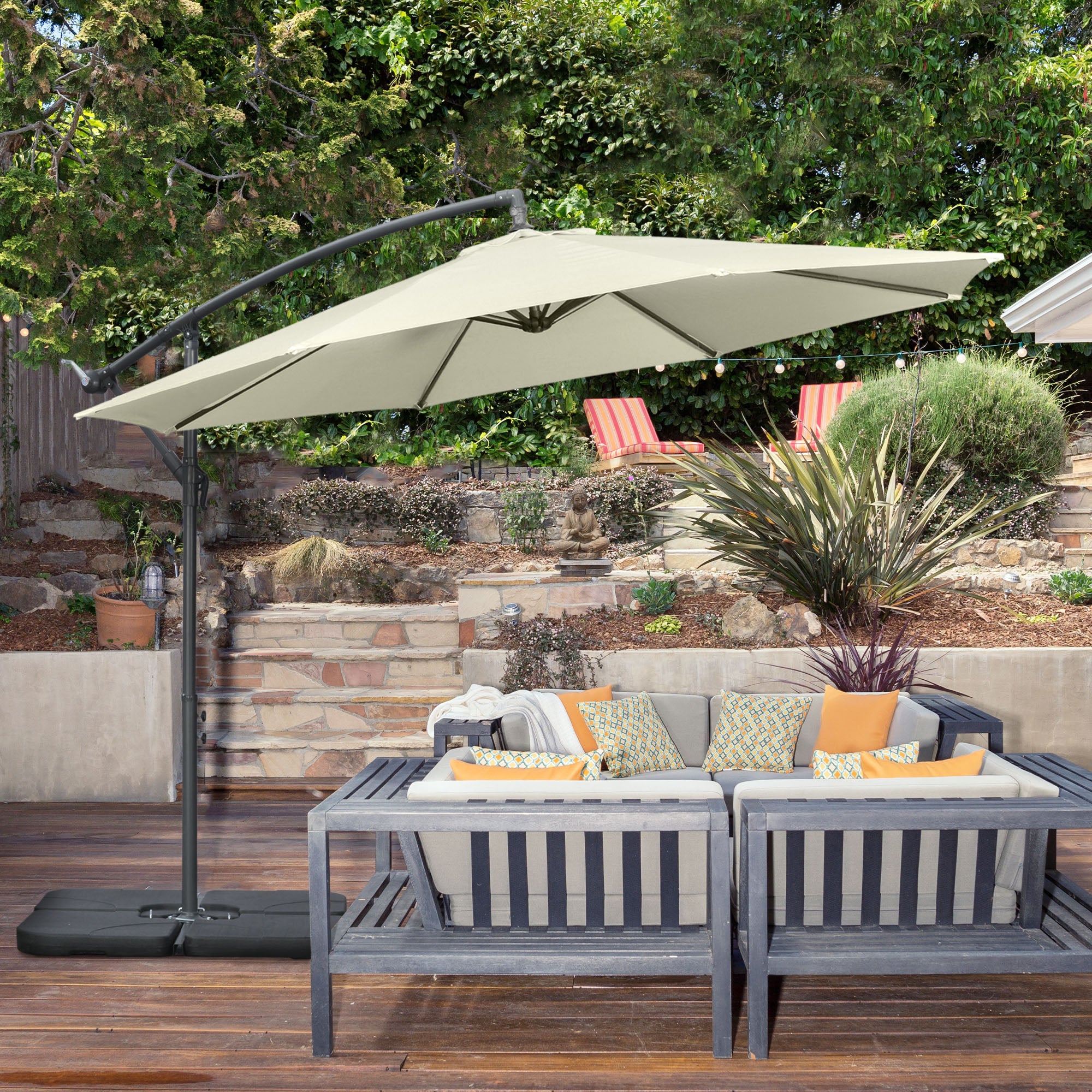 Decentralized Umbrella with 6 Ribs with Crank and Cross Base, in Metal and Polyester, Ø292x247 cm, Beige