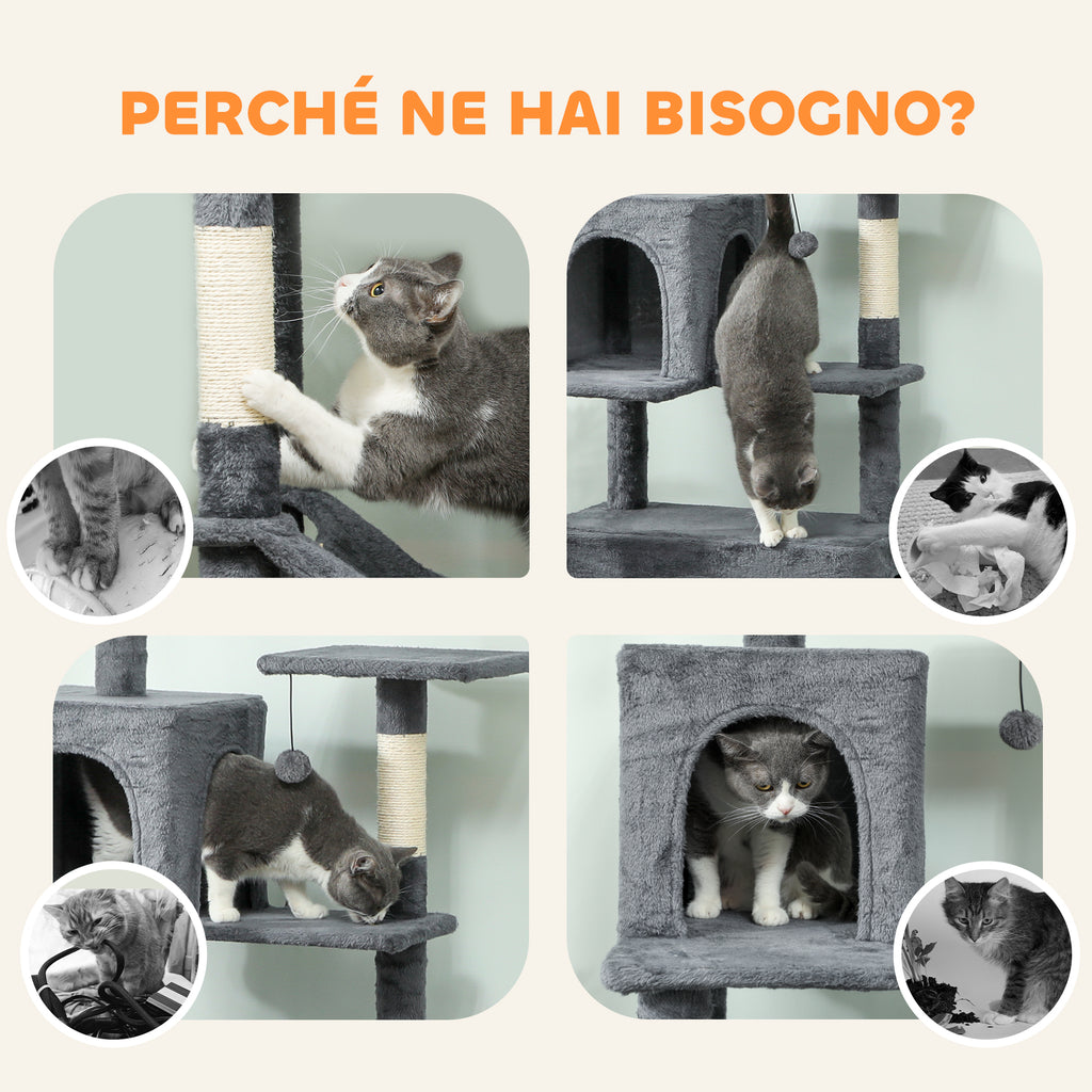 Cat Tree, 202 cm Tall, with 6 Sisal Posts, 2 Houses, 2 Hammocks and a Bed, Grey