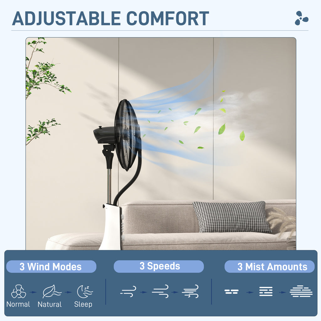 HOMCOM Nebulizer Fan with 3L Tank, 3 Modes and 3 Speeds, 44.5x38.5x120 cm, Black and White - Borgè