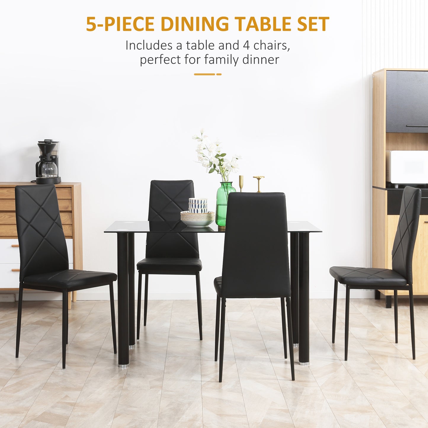 Dining Table and Chairs Set for 4, Modern 5 Pieces Kitchen Table Set with Glass Table, Padded Seat and Steel Frame