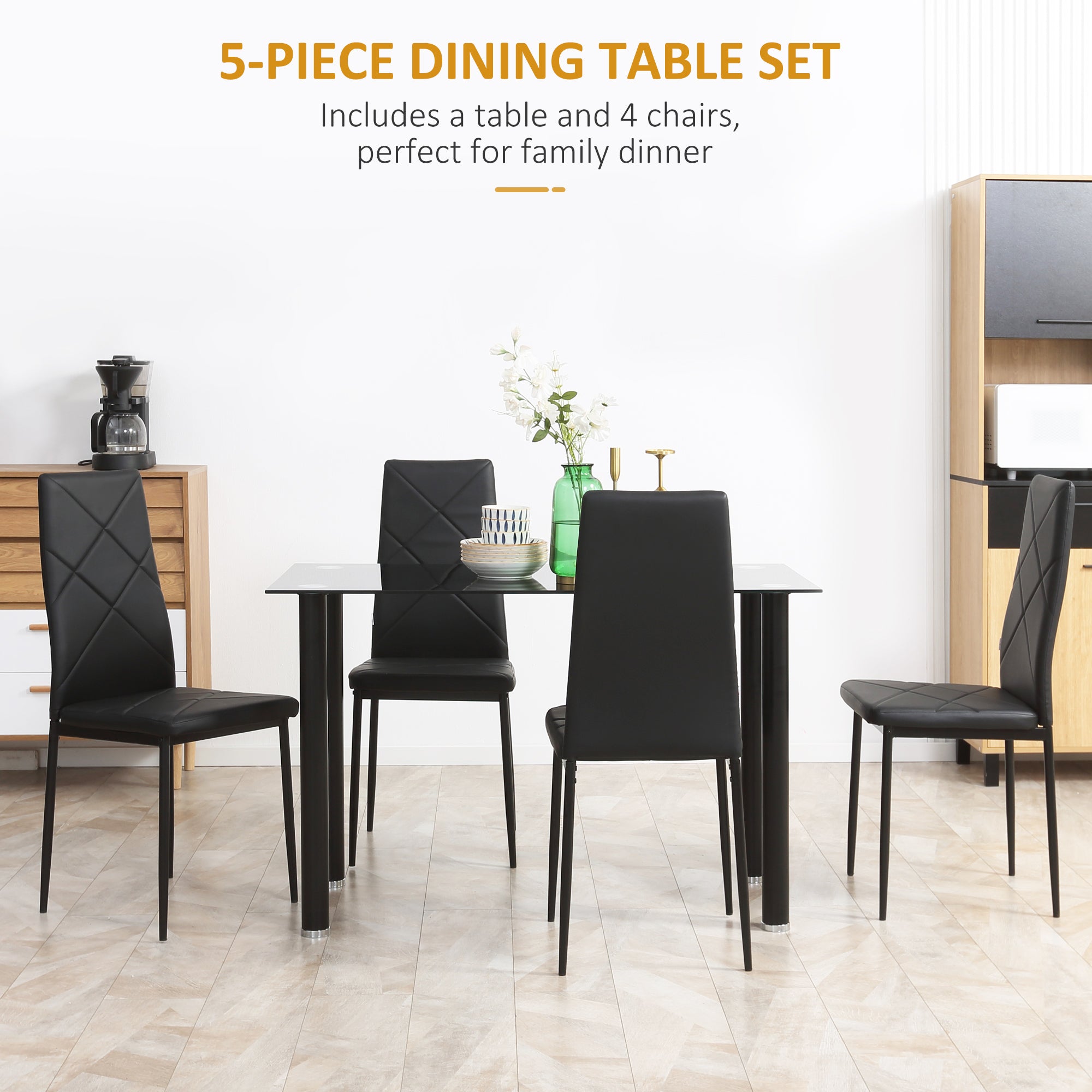 Dining Table and Chairs Set for 4, Modern 5 Pieces Kitchen Table Set with Glass Table, Padded Seat and Steel Frame - Borgè