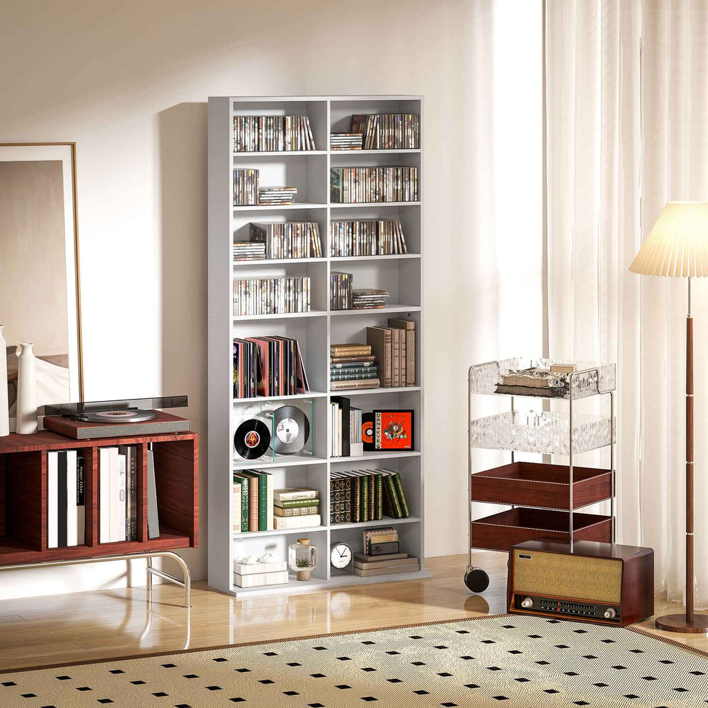 HOMCOM CD and DVD Shelves 18 Compartments Max. Capacity 640 CDs/360 DVDs 430 Blu-rays 78.5 x 24 x 175 cm White
