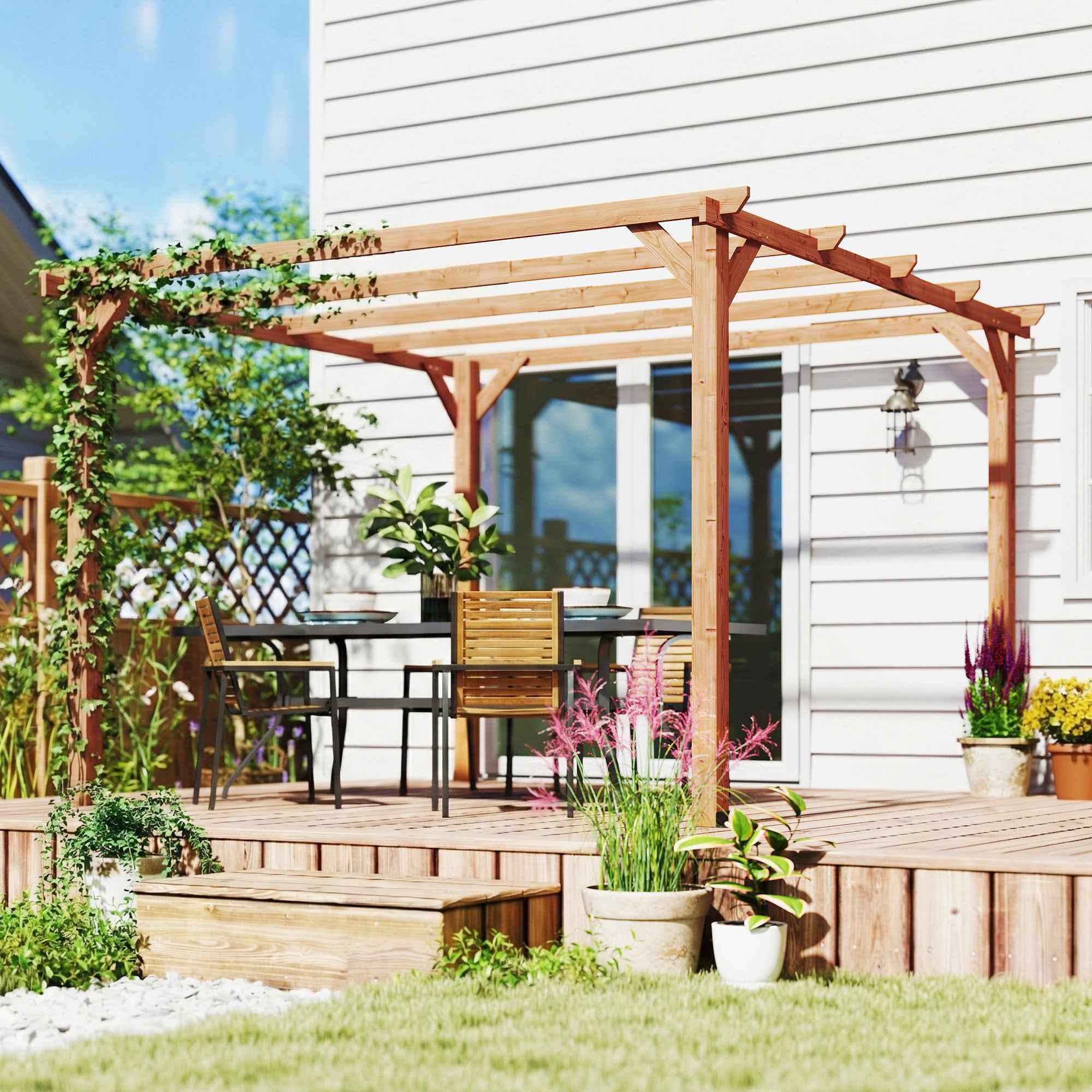 3x3 m Fir Wood Garden Pergola with Triangular Supports and 5 Beams, Wood Color