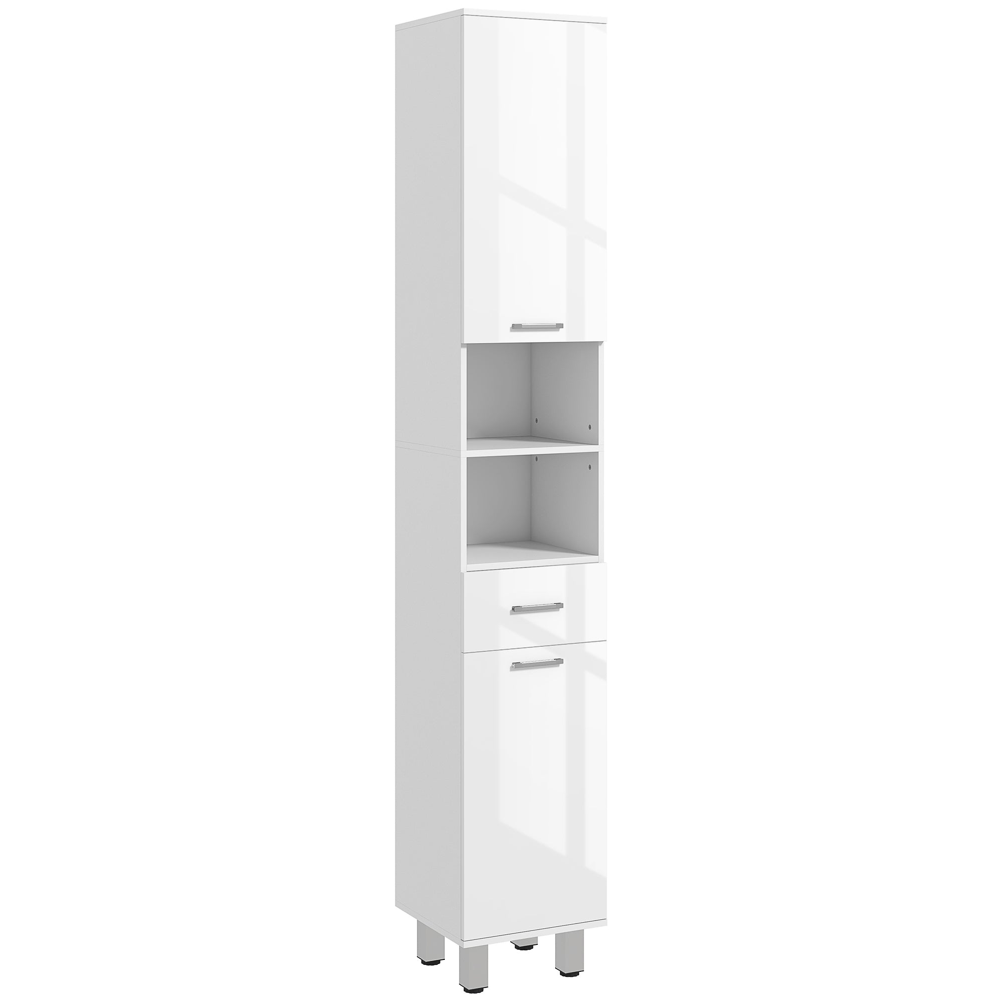 kleankin Bathroom Column with Drawer, 2 Open Shelves and 2 Double-Tier Cabinets, Made of Wood, 30x30x180 cm, Gloss White