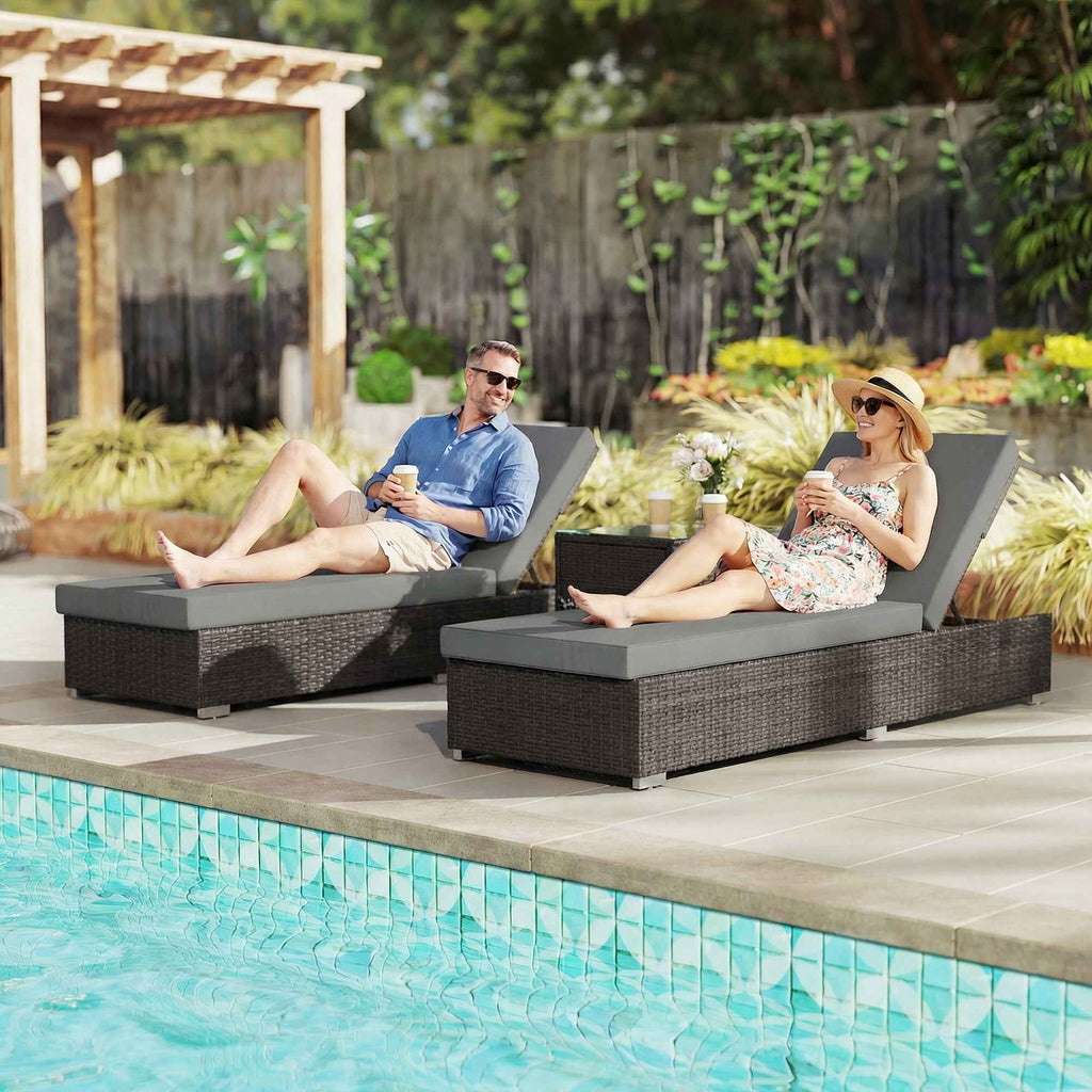 Outsunny Set of 2 Rattan Garden Loungers with Side Table and Adjustable Backrest, 184x60x22 cm, Dark Grey