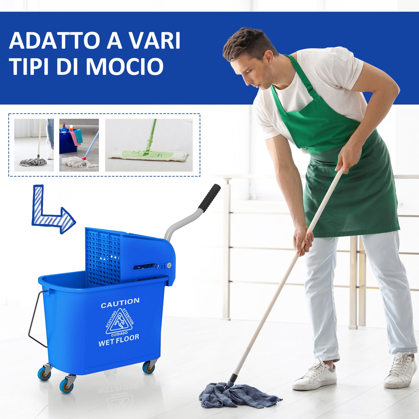 20L PP Plastic Cleaning Trolley with Bucket and Wringer, 60x27x70.5 cm, Blue