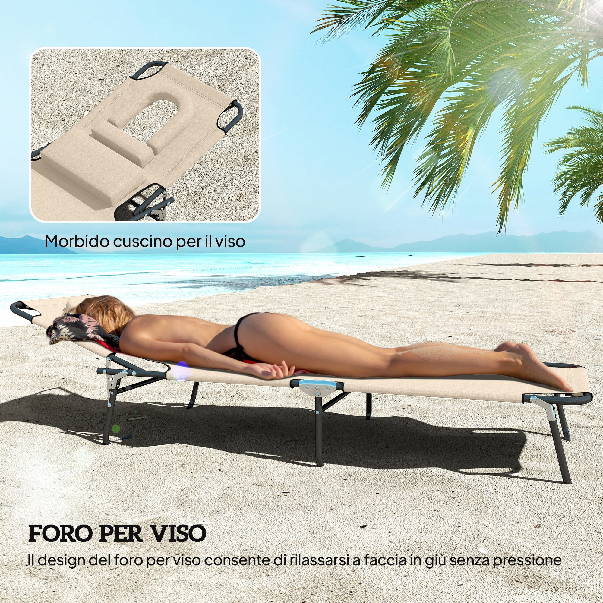 Outsunny Folding Sun Lounger with Padded Face Hole and Reclining Backrest, Beige