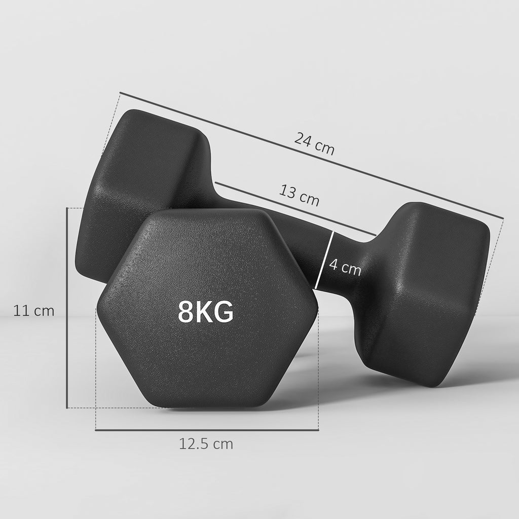 SPORTNOW Set of 2 Hexagonal Dumbbells weighing 2x8 kg in Metal and Plastic with Non-Slip Grip, 24x11x11 cm, Black
