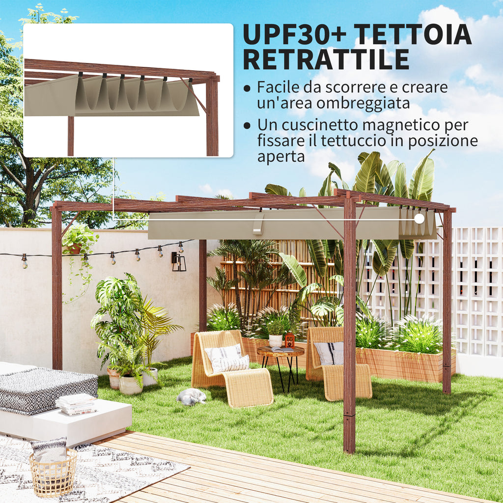 Gazebo Pergola with Retractable Roof, Pegs and Screws, in Polyester and Aluminum, 382x300x232 cm, Wood Color