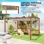 Gazebo Pergola with Retractable Roof, Pegs and Screws, in Polyester and Aluminum, 382x300x232 cm, Wood Color